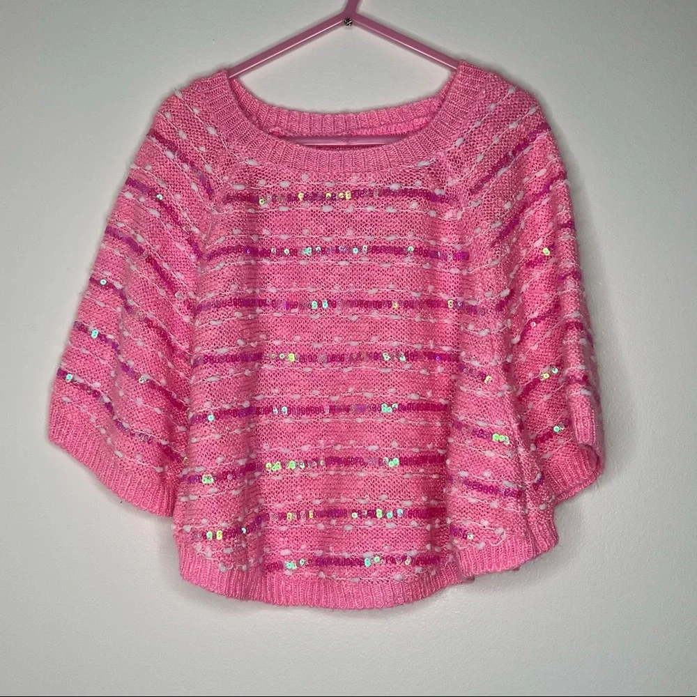 Justice pink sweater poncho with a sleeve iridescent sequins on front size 6/7